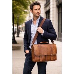 Men’s Tan Leather Messenger Laptop Travel Bag With Crossbody